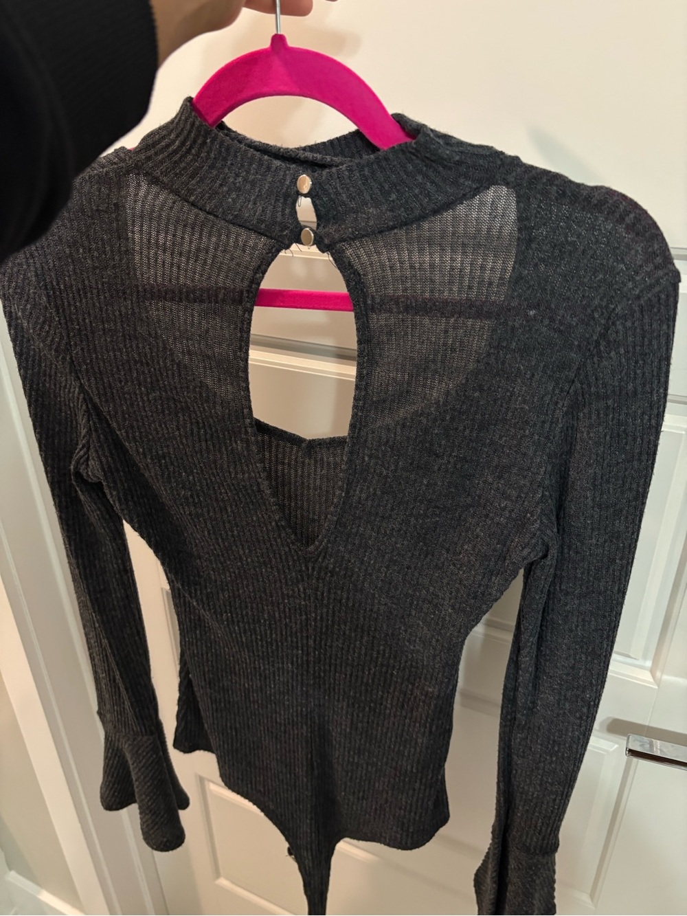 Ribbed Long-Sleeve Mock Neck Top with Keyhole Back - Charcoal